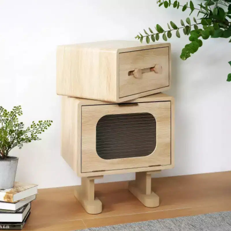 Creative Rotatable Robot Nightstand, Bedside Table with Drawer and Glass Door Cabinet, Modern Side Table for Bedroom or Living Room - Panipeachy