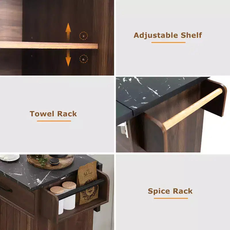 Zeus & Ruta Kitchen Island on Wheels with Drop Leaf, Trash Can Storage, Spice Rack, Towel Rack & Adjustable Shelf