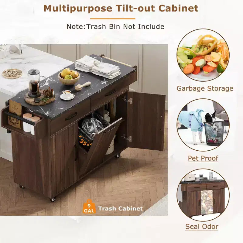 Zeus & Ruta Kitchen Island on Wheels with Drop Leaf, Trash Can Storage, Spice Rack, Towel Rack & Adjustable Shelf