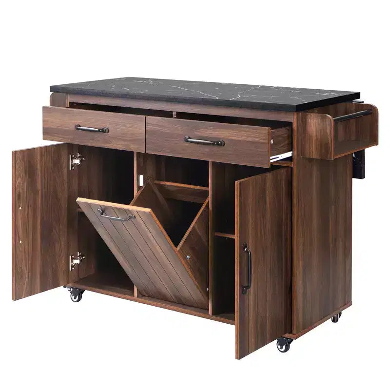 Zeus & Ruta Kitchen Island on Wheels with Drop Leaf, Trash Can Storage, Spice Rack, Towel Rack & Adjustable Shelf