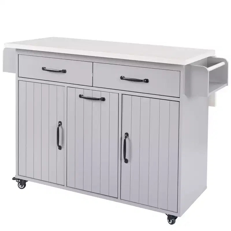 Zeus & Ruta Kitchen Island on Wheels with Drop Leaf, Trash Can Storage, Spice Rack, Towel Rack & Adjustable Shelf