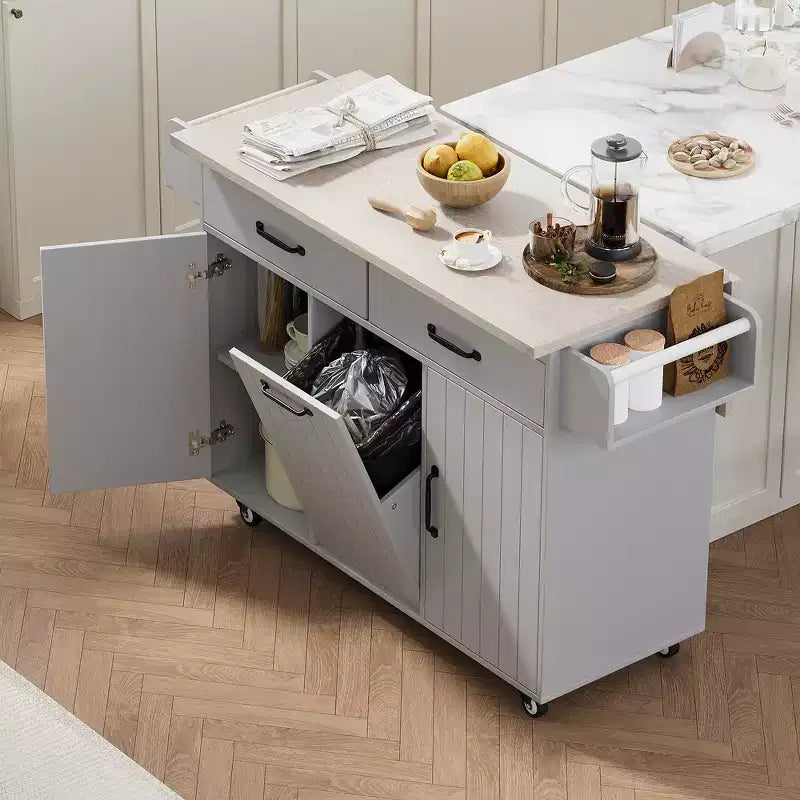 Zeus & Ruta Kitchen Island on Wheels with Drop Leaf, Trash Can Storage, Spice Rack, Towel Rack & Adjustable Shelf