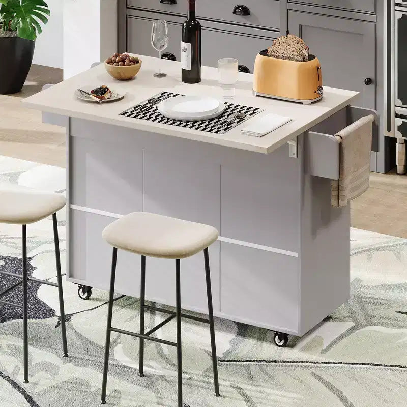 Zeus & Ruta Kitchen Island on Wheels with Drop Leaf, Trash Can Storage, Spice Rack, Towel Rack & Adjustable Shelf