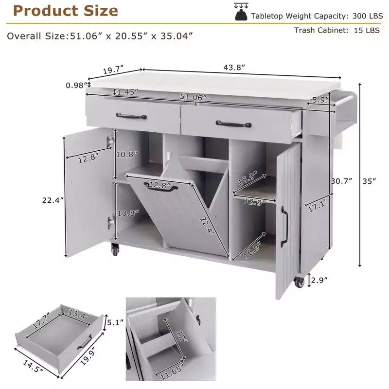 Zeus & Ruta Kitchen Island on Wheels with Drop Leaf, Trash Can Storage, Spice Rack, Towel Rack & Adjustable Shelf