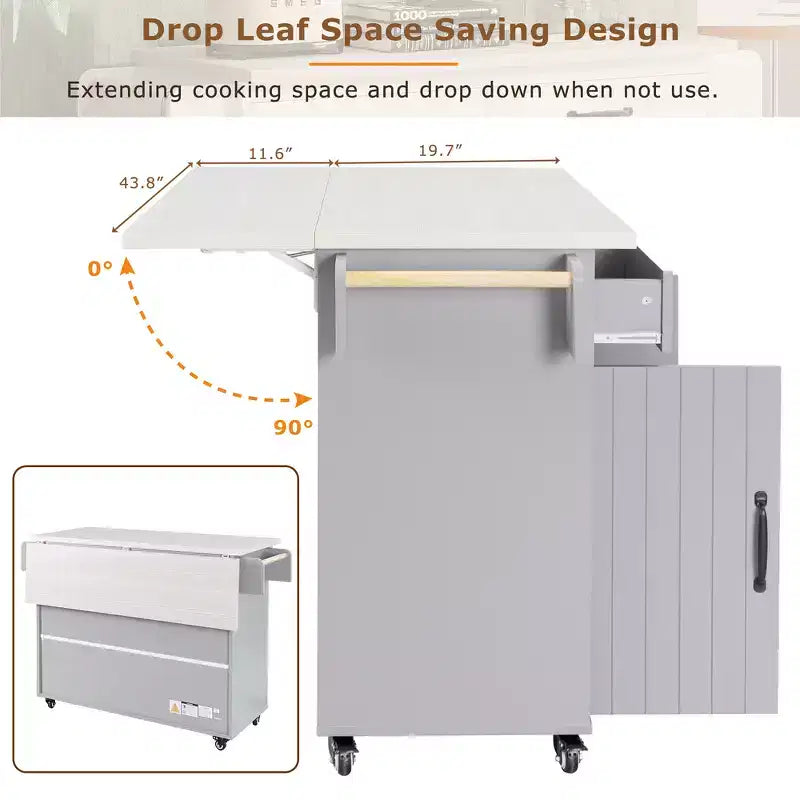 Zeus & Ruta Kitchen Island on Wheels with Drop Leaf, Trash Can Storage, Spice Rack, Towel Rack & Adjustable Shelf