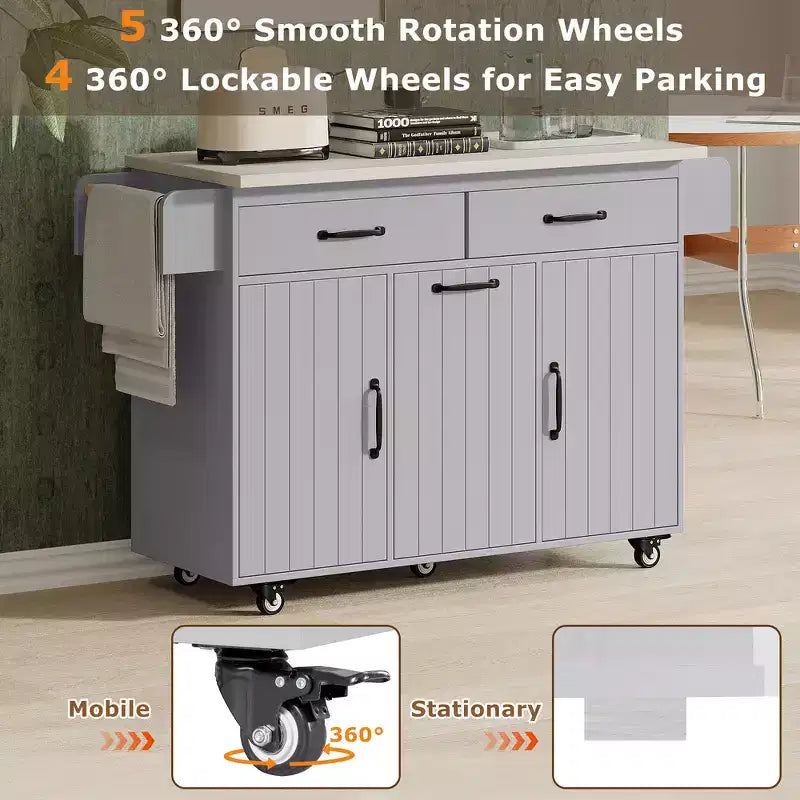 Zeus & Ruta Kitchen Island on Wheels with Drop Leaf, Trash Can Storage, Spice Rack, Towel Rack & Adjustable Shelf