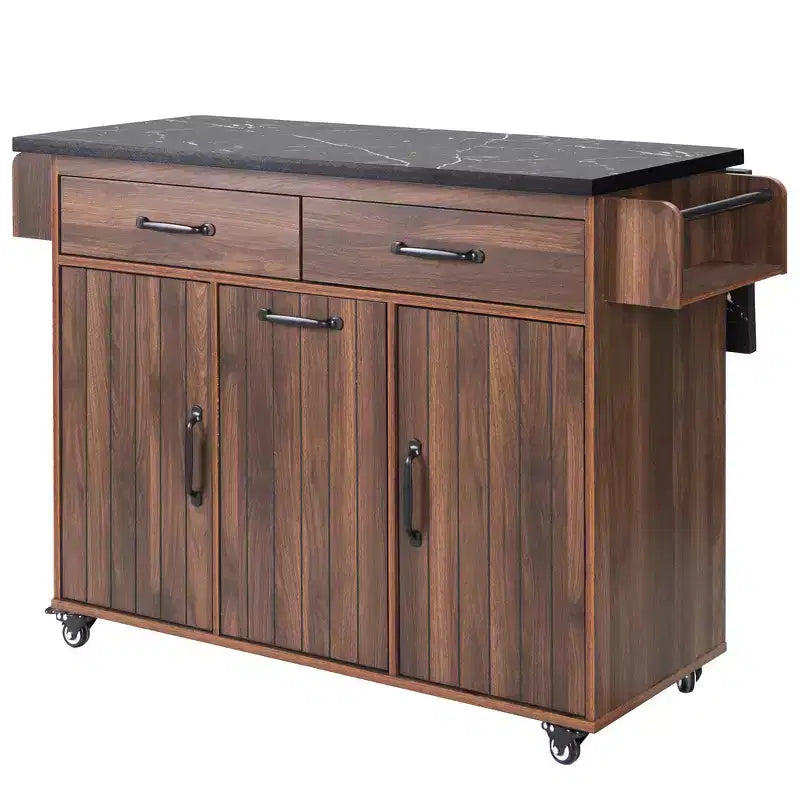 Zeus & Ruta Kitchen Island on Wheels with Drop Leaf, Trash Can Storage, Spice Rack, Towel Rack & Adjustable Shelf