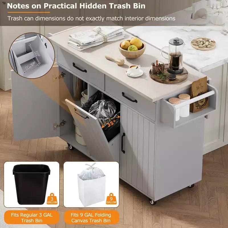 Zeus & Ruta Kitchen Island on Wheels with Drop Leaf, Trash Can Storage, Spice Rack, Towel Rack & Adjustable Shelf