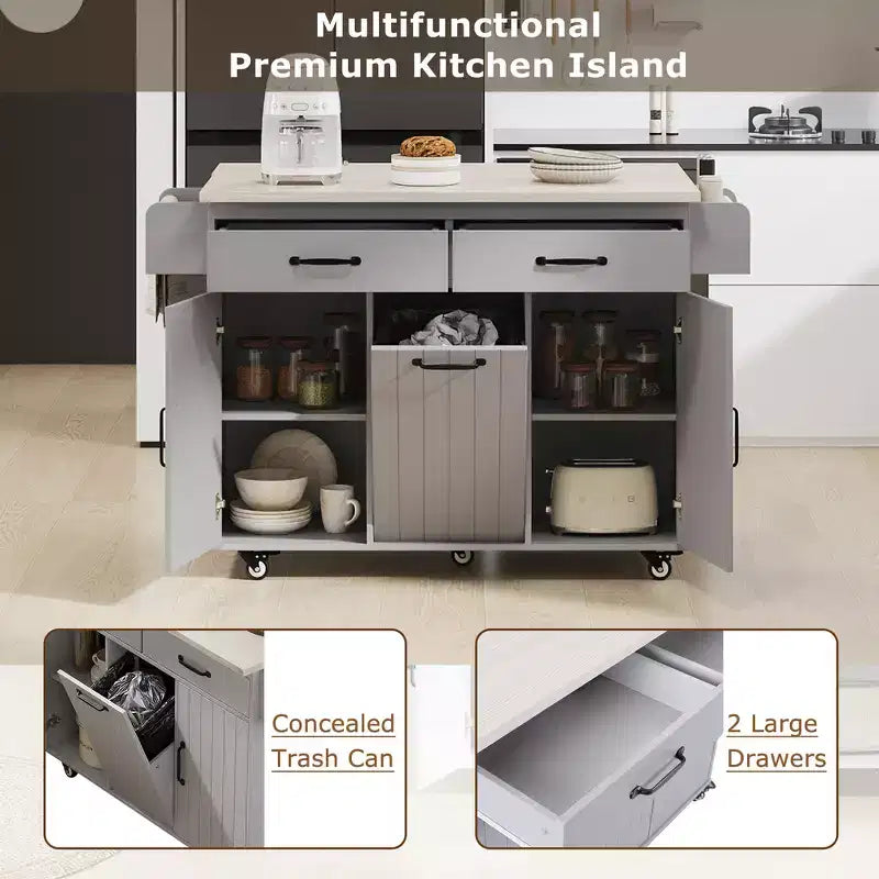 Zeus & Ruta Kitchen Island on Wheels with Drop Leaf, Trash Can Storage, Spice Rack, Towel Rack & Adjustable Shelf