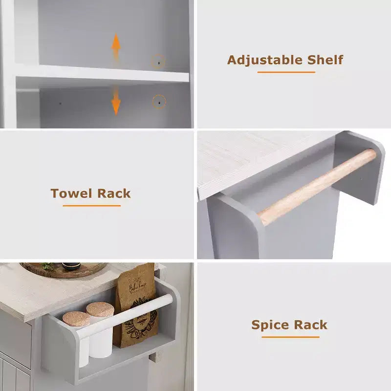 Zeus & Ruta Kitchen Island on Wheels with Drop Leaf, Trash Can Storage, Spice Rack, Towel Rack & Adjustable Shelf