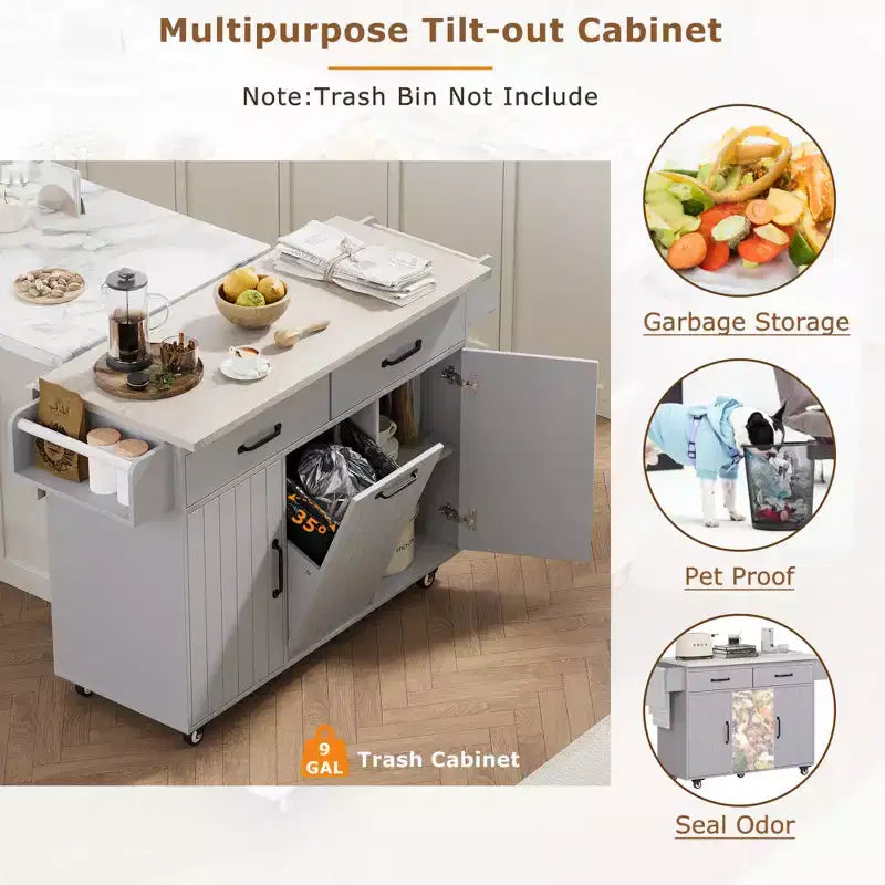 Zeus & Ruta Kitchen Island on Wheels with Drop Leaf, Trash Can Storage, Spice Rack, Towel Rack & Adjustable Shelf