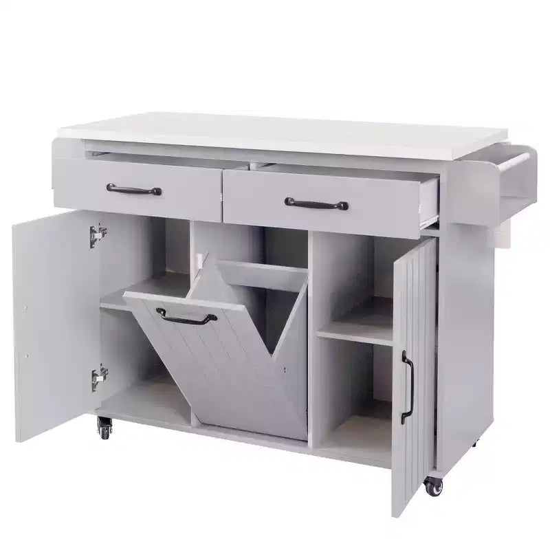 Zeus & Ruta Kitchen Island on Wheels with Drop Leaf, Trash Can Storage, Spice Rack, Towel Rack & Adjustable Shelf