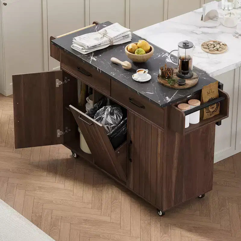 Zeus & Ruta Kitchen Island on Wheels with Drop Leaf, Trash Can Storage, Spice Rack, Towel Rack & Adjustable Shelf