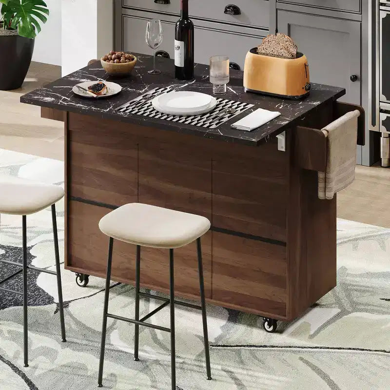 Zeus & Ruta Kitchen Island on Wheels with Drop Leaf, Trash Can Storage, Spice Rack, Towel Rack & Adjustable Shelf
