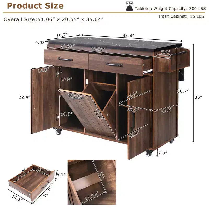 Zeus & Ruta Kitchen Island on Wheels with Drop Leaf, Trash Can Storage, Spice Rack, Towel Rack & Adjustable Shelf
