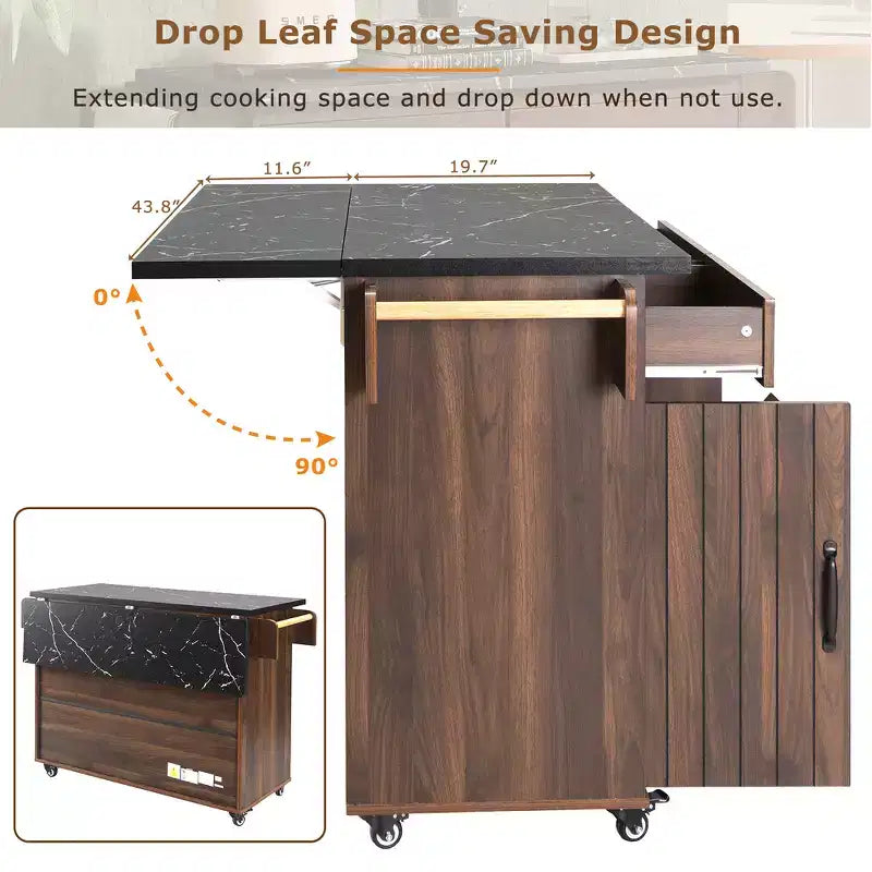 Zeus & Ruta Kitchen Island on Wheels with Drop Leaf, Trash Can Storage, Spice Rack, Towel Rack & Adjustable Shelf