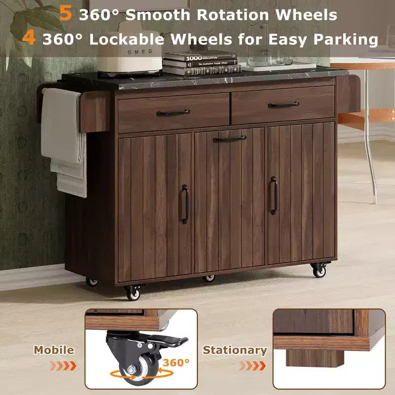 Zeus & Ruta Kitchen Island on Wheels with Drop Leaf, Trash Can Storage, Spice Rack, Towel Rack & Adjustable Shelf