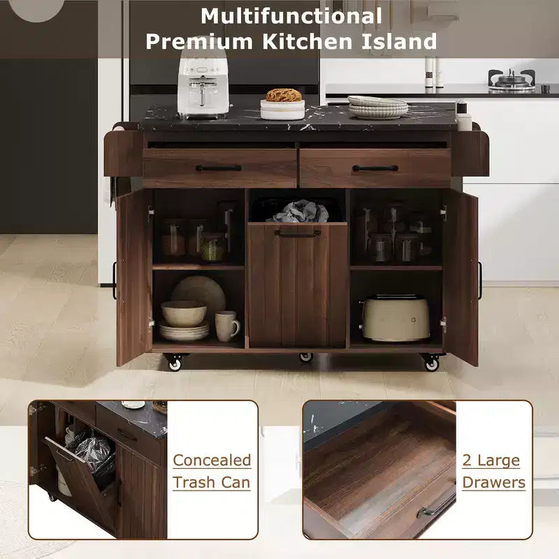 Zeus & Ruta Kitchen Island on Wheels with Drop Leaf, Trash Can Storage, Spice Rack, Towel Rack & Adjustable Shelf