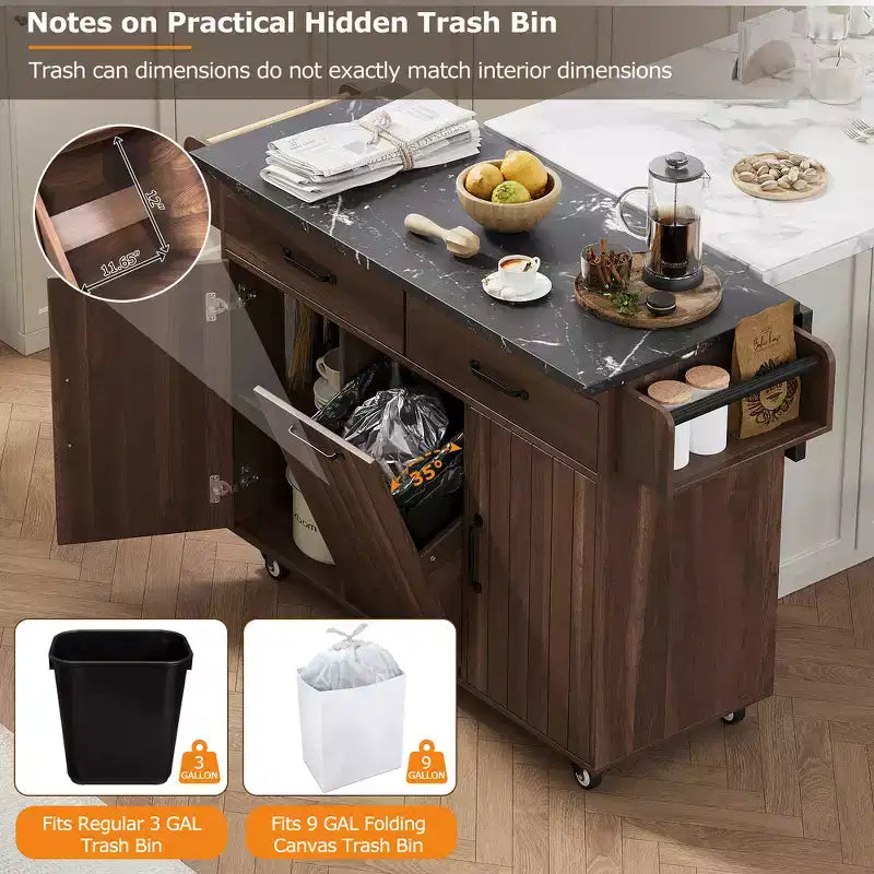 Zeus & Ruta Kitchen Island on Wheels with Drop Leaf, Trash Can Storage, Spice Rack, Towel Rack & Adjustable Shelf