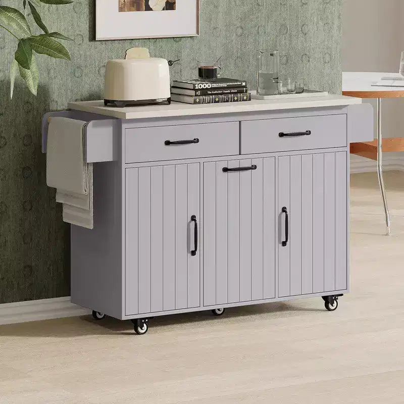 Zeus & Ruta Kitchen Island on Wheels with Drop Leaf, Trash Can Storage, Spice Rack, Towel Rack & Adjustable Shelf