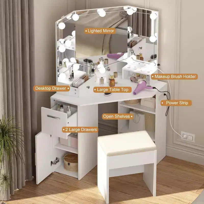 Corner Makeup Vanity Set with Mirror, White Dressing Table with Drawer & Stool, Space-Saving Vanity for Bedroom & Small Spaces