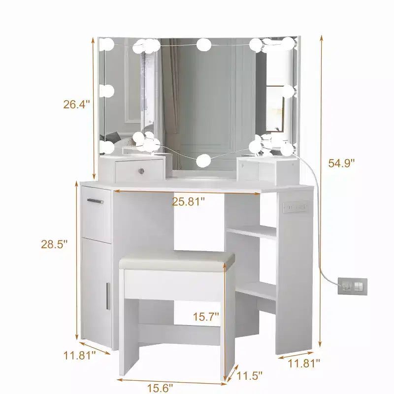 Corner Makeup Vanity Set with Mirror, White Dressing Table with Drawer & Stool, Space-Saving Vanity for Bedroom & Small Spaces