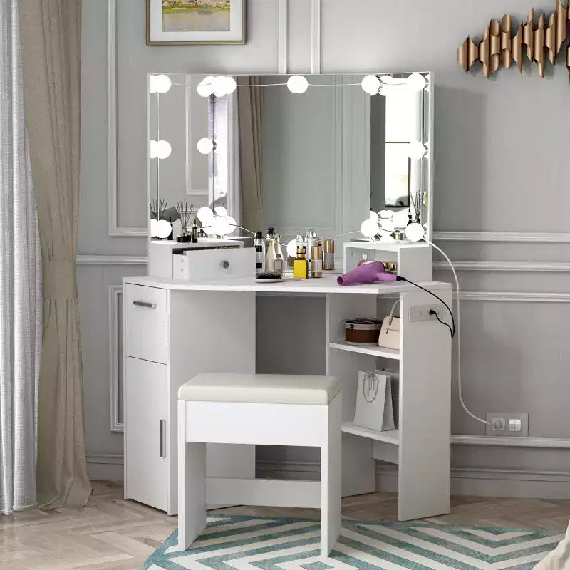 Corner Makeup Vanity Set with Mirror, White Dressing Table with Drawer & Stool, Space-Saving Vanity for Bedroom & Small Spaces