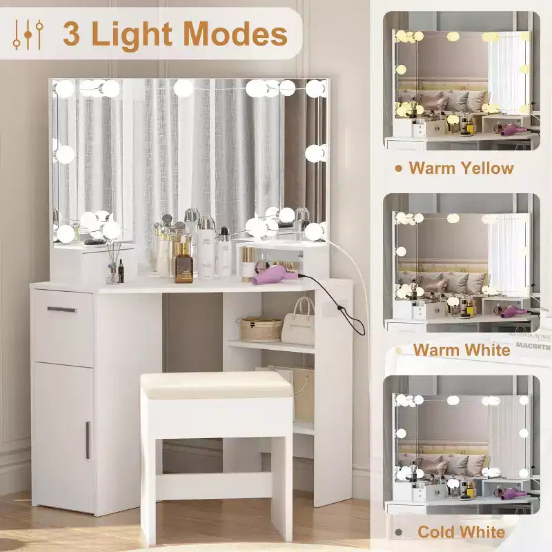 Corner Makeup Vanity Set with Mirror, White Dressing Table with Drawer & Stool, Space-Saving Vanity for Bedroom & Small Spaces