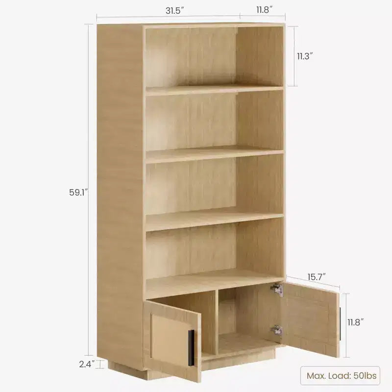 5 Tier Boho Bookcase with Rattan Doors, Wooden Bookshelf w/Storage, Tall Open Shelf Book Stand for Living Room, Bedroom, Home Office & Kitchen