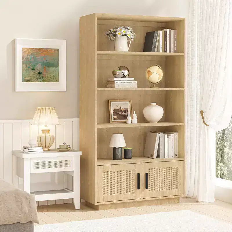 5 Tier Boho Bookcase with Rattan Doors, Wooden Bookshelf w/Storage, Tall Open Shelf Book Stand for Living Room, Bedroom, Home Office & Kitchen