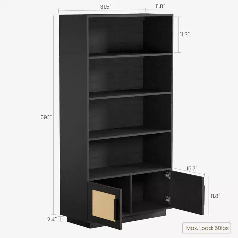 5 Tier Boho Bookcase with Rattan Doors, Wooden Bookshelf w/Storage, Tall Open Shelf Book Stand for Living Room, Bedroom, Home Office & Kitchen