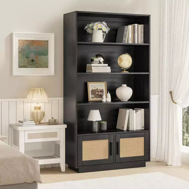 5 Tier Boho Bookcase with Rattan Doors, Wooden Bookshelf w/Storage, Tall Open Shelf Book Stand for Living Room, Bedroom, Home Office & Kitchen