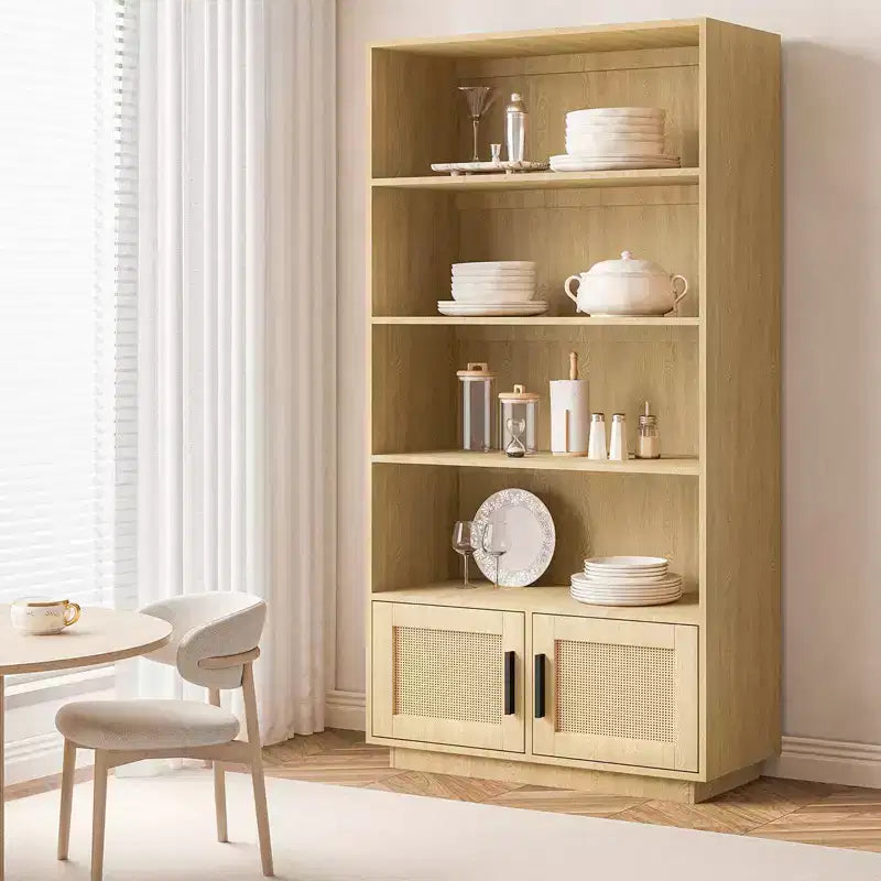 5 Tier Boho Bookcase with Rattan Doors, Wooden Bookshelf w/Storage, Tall Open Shelf Book Stand for Living Room, Bedroom, Home Office & Kitchen