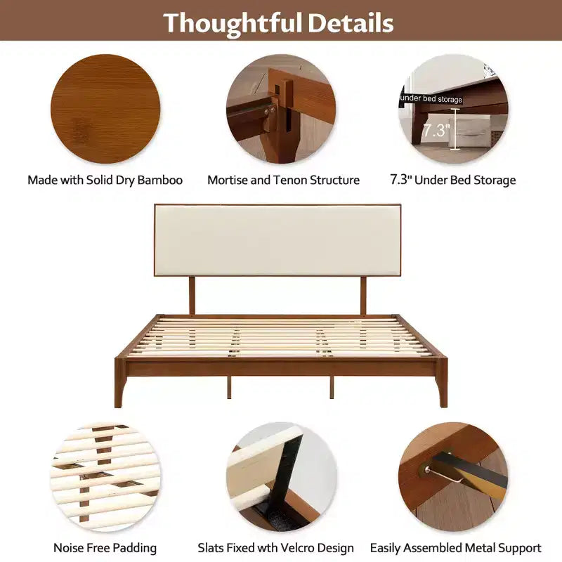 GDFStudio Jones Solid Bamboo Wood Platform Bed with Adjustable Bamboo Frame Headboard