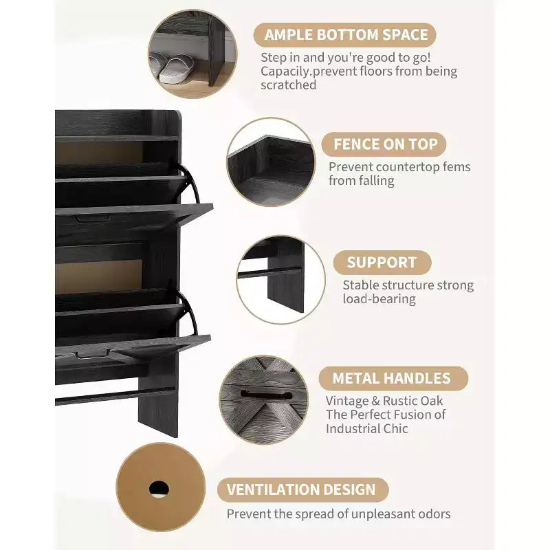 Slim Shoe Storage Cabinet with 2 Flip Drawers - Freestanding Hidden Shoe Organizer with Metal Legs for Entryway Hallway, Space-Saving Compact Design
