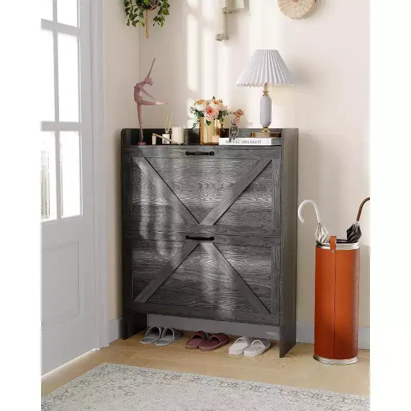 Slim Shoe Storage Cabinet with 2 Flip Drawers - Freestanding Hidden Shoe Organizer with Metal Legs for Entryway Hallway, Space-Saving Compact Design