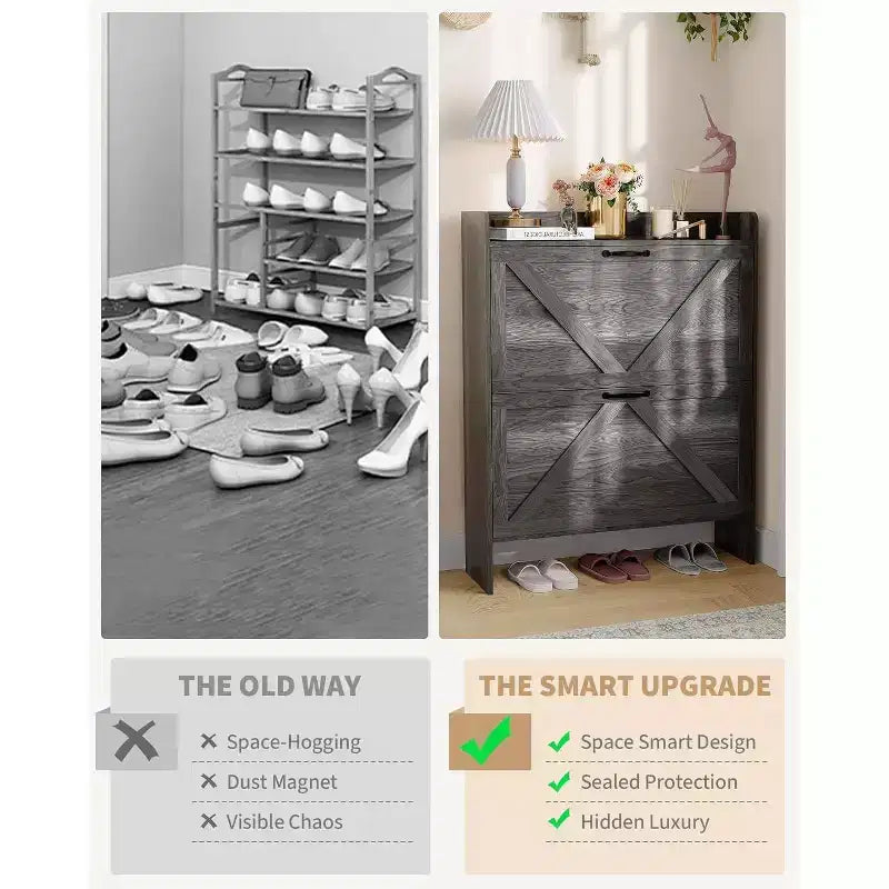 Slim Shoe Storage Cabinet with 2 Flip Drawers - Freestanding Hidden Shoe Organizer with Metal Legs for Entryway Hallway, Space-Saving Compact Design