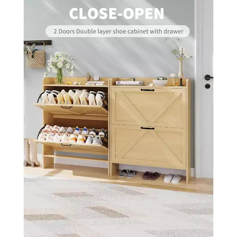 Slim Shoe Storage Cabinet with 2 Flip Drawers - Freestanding Hidden Shoe Organizer with Metal Legs for Entryway Hallway, Space-Saving Compact Design