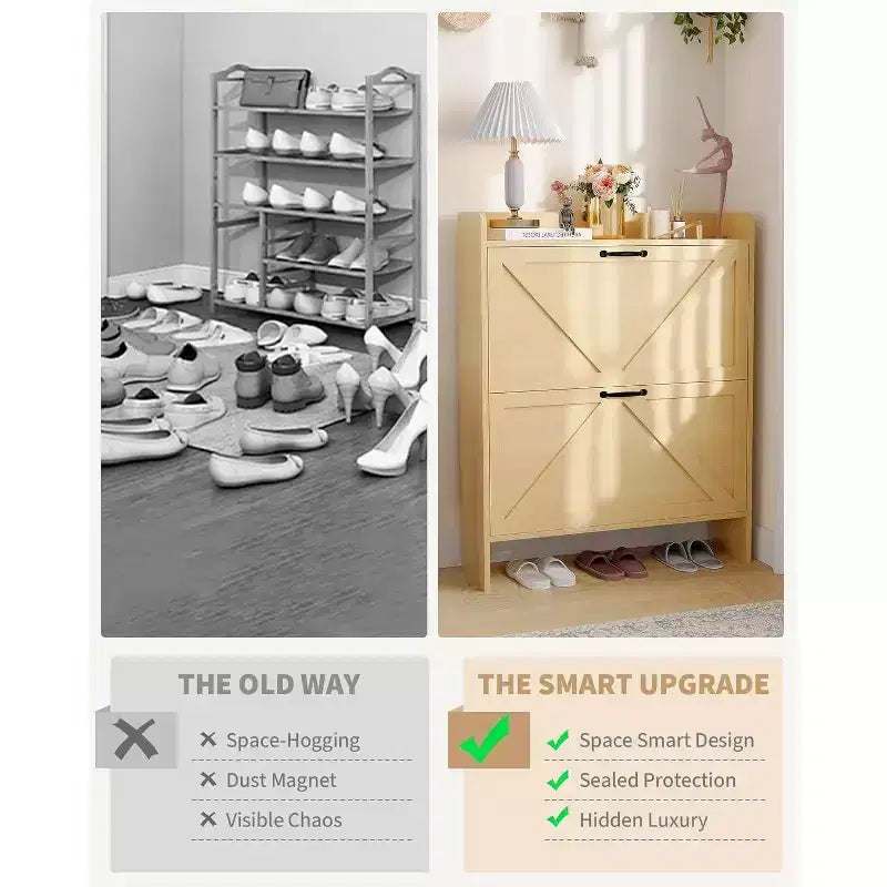 Slim Shoe Storage Cabinet with 2 Flip Drawers - Freestanding Hidden Shoe Organizer with Metal Legs for Entryway Hallway, Space-Saving Compact Design