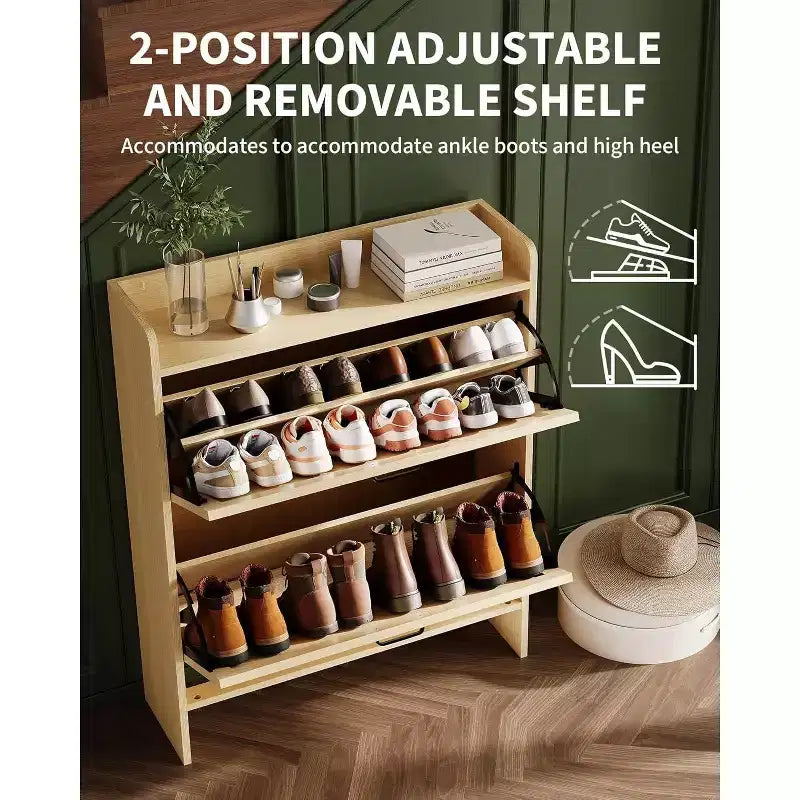 Slim Shoe Storage Cabinet with 2 Flip Drawers - Freestanding Hidden Shoe Organizer with Metal Legs for Entryway Hallway, Space-Saving Compact Design