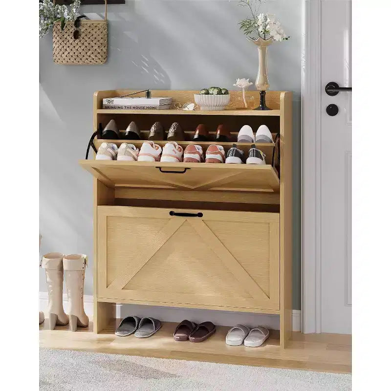 Slim Shoe Storage Cabinet with 2 Flip Drawers - Freestanding Hidden Shoe Organizer with Metal Legs for Entryway Hallway, Space-Saving Compact Design