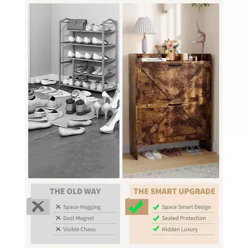 Slim Shoe Storage Cabinet with 2 Flip Drawers - Freestanding Hidden Shoe Organizer with Metal Legs for Entryway Hallway, Space-Saving Compact Design