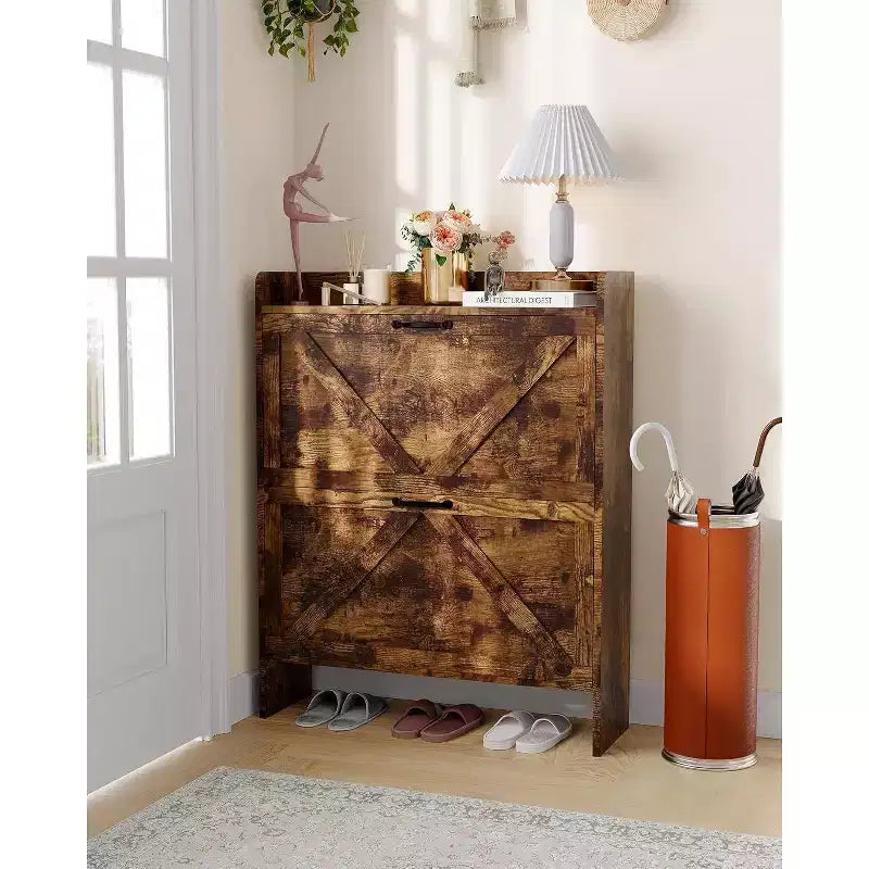 Slim Shoe Storage Cabinet with 2 Flip Drawers - Freestanding Hidden Shoe Organizer with Metal Legs for Entryway Hallway, Space-Saving Compact Design