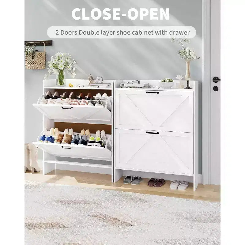 Slim Shoe Storage Cabinet with 2 Flip Drawers - Freestanding Hidden Shoe Organizer with Metal Legs for Entryway Hallway, Space-Saving Compact Design