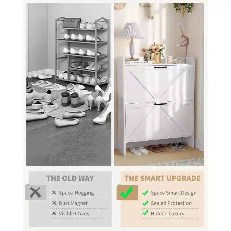 Slim Shoe Storage Cabinet with 2 Flip Drawers - Freestanding Hidden Shoe Organizer with Metal Legs for Entryway Hallway, Space-Saving Compact Design