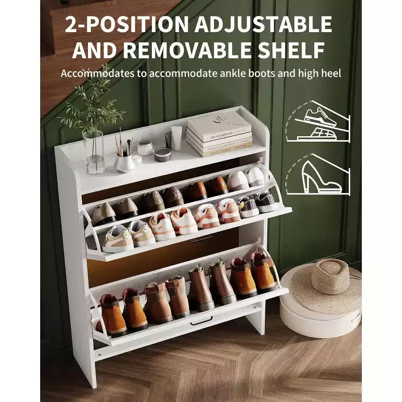 Slim Shoe Storage Cabinet with 2 Flip Drawers - Freestanding Hidden Shoe Organizer with Metal Legs for Entryway Hallway, Space-Saving Compact Design