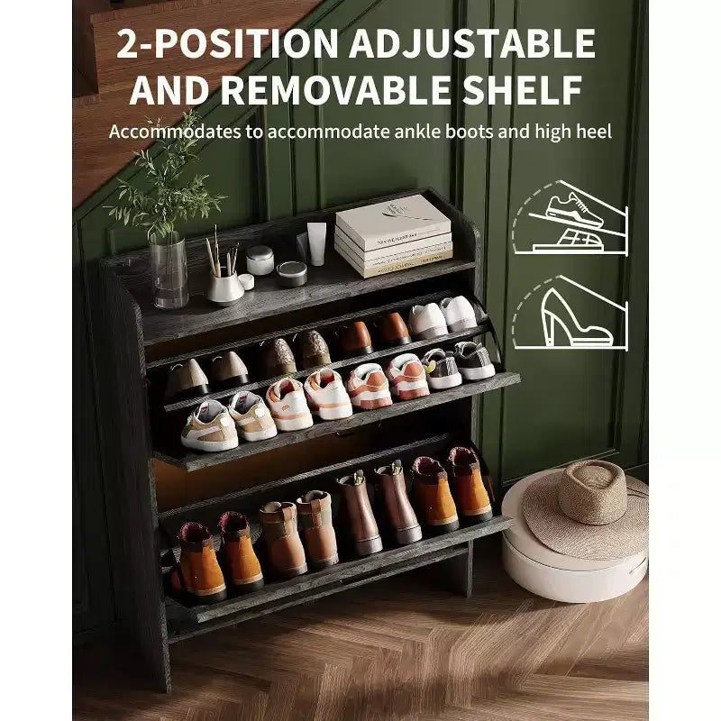 Slim Shoe Storage Cabinet with 2 Flip Drawers - Freestanding Hidden Shoe Organizer with Metal Legs for Entryway Hallway, Space-Saving Compact Design