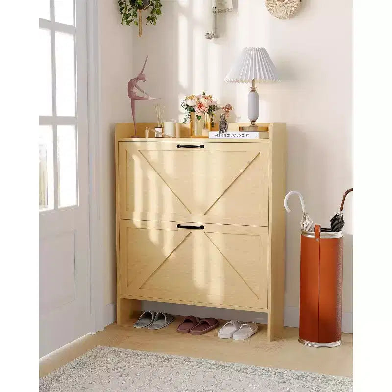 Slim Shoe Storage Cabinet with 2 Flip Drawers - Freestanding Hidden Shoe Organizer with Metal Legs for Entryway Hallway, Space-Saving Compact Design