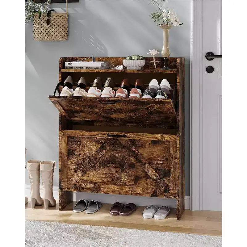 Slim Shoe Storage Cabinet with 2 Flip Drawers - Freestanding Hidden Shoe Organizer with Metal Legs for Entryway Hallway, Space-Saving Compact Design