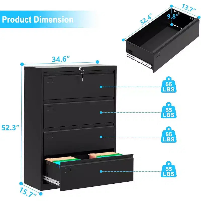 Garvee Filing Cabinets with 4 Drawers and Lock for Organization Hanging Letter/Legal/A4/F4 Size, Black